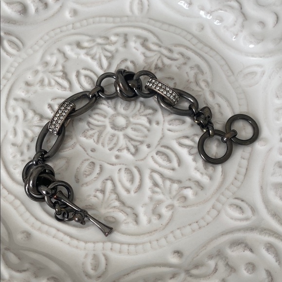 Fossil Gunmetal Silver Chain Link Bracelet with Rhinestones Punk Rebel Rocker - Picture 5 of 12